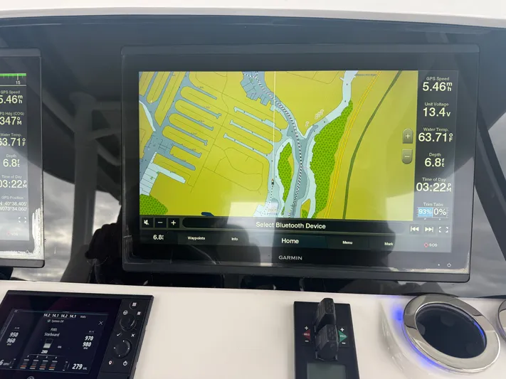 Panacea Yacht Photos Pics Garmin navigation display on 2019 Intrepid 475 Panacea boat, showing map and data.
