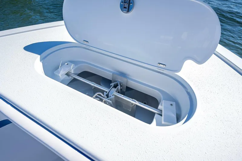  Yacht Photos Pics Open hatch on 2023 Yellowfin 39 Offshore boat, showcasing interior mechanism.