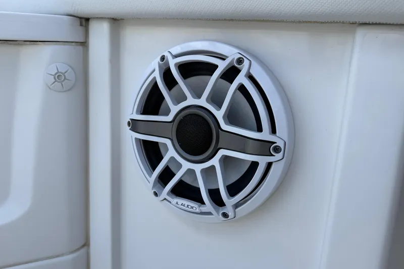 Destroyer Yacht Photos Pics White JL Audio speaker on 2018 HCB 39 Speciale boat interior panel.