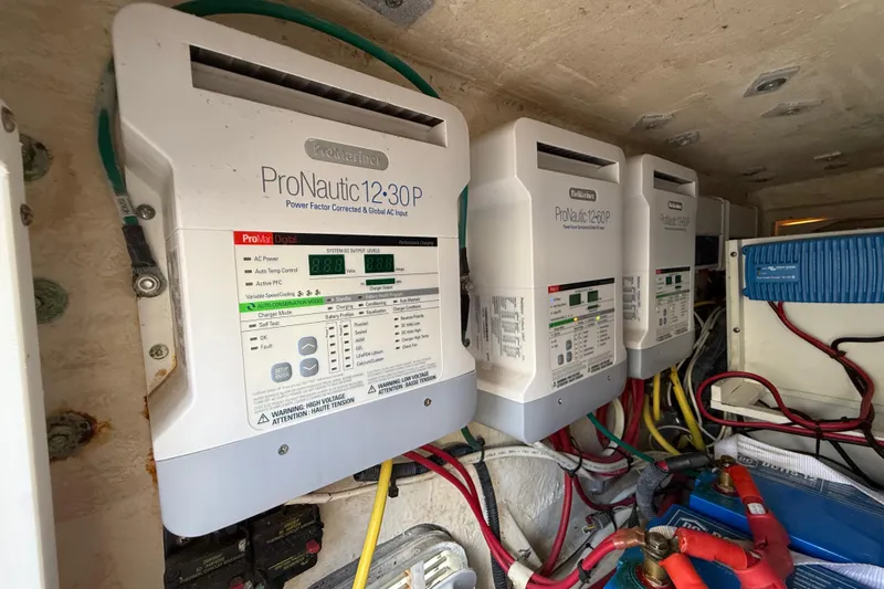 Destroyer Yacht Photos Pics Electrical system with ProNautic chargers in a 2018 HCB 39 Speciale boat.