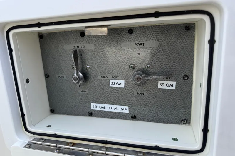 Destroyer Yacht Photos Pics Fuel control panel of 2018 HCB 39 Speciale, showing 525-gallon total capacity.