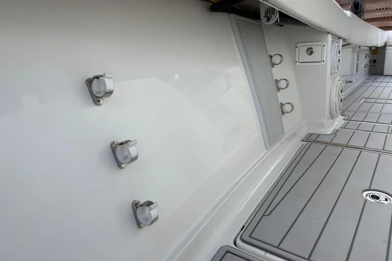Destroyer Yacht Photos Pics 2018 HCB 39 Speciale boat interior with sleek white finish and modern fixtures.