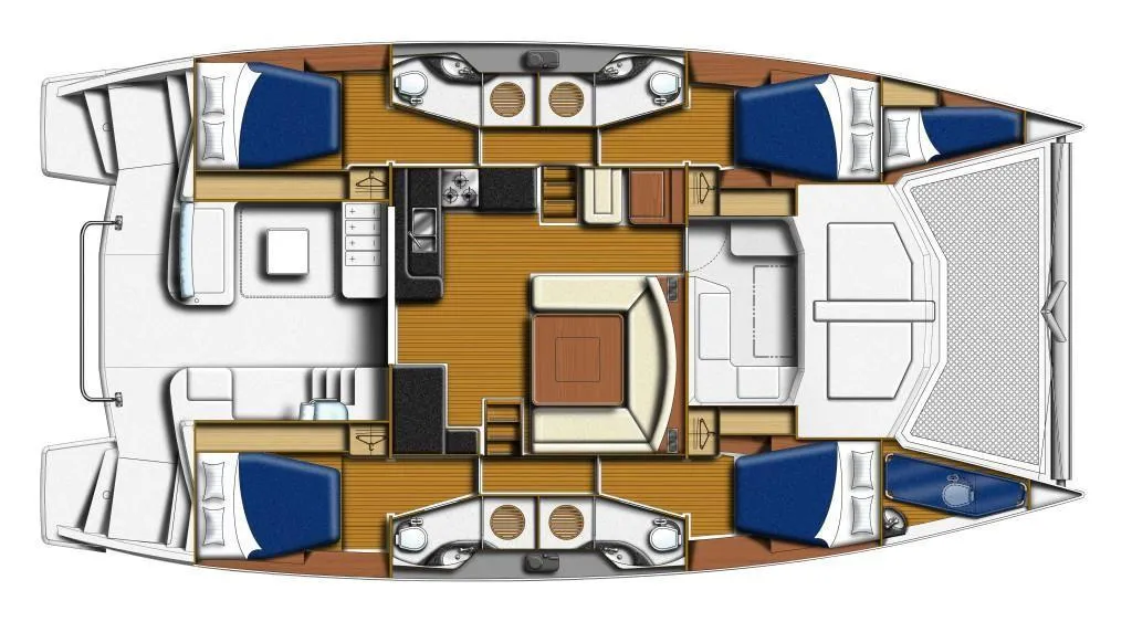 Floor plan of a 2016 Leopard 48 catamaran with four cabins and central living area.