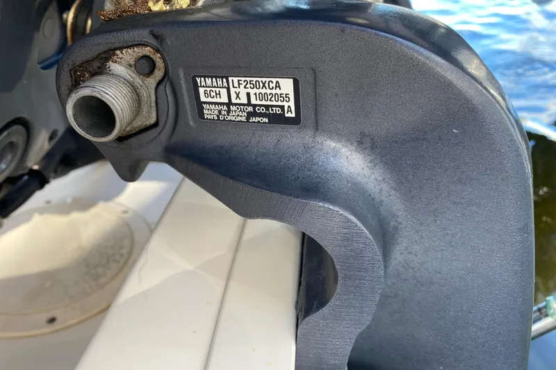  Yacht Photos Pics Close-up of Yamaha LF250XCA engine part on 2015 Grady-White Freedom 285 boat.