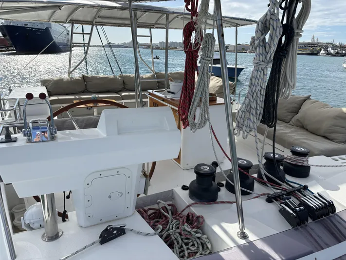 Adventure For Seven Yacht Photos Pics 2017 Fountaine Pajot Ipanema 58 yacht deck with ropes and seating area.