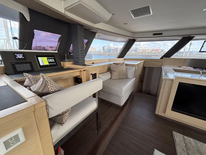 Adventure For Seven Yacht Photos Pics Luxurious interior of 2017 Fountaine Pajot Ipanema 58 catamaran with modern seating and navigation area.