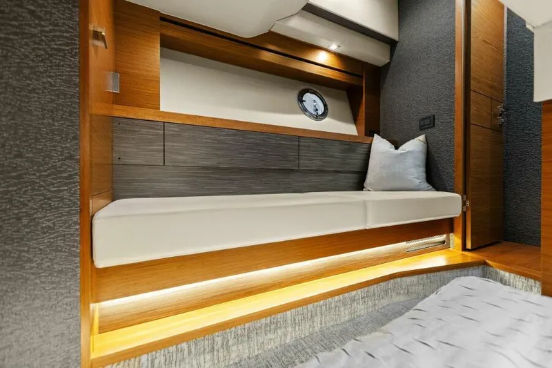 Big Eyes Yacht Photos Pics Luxurious interior of 2019 Tiara Yachts 39 Coupe with modern design and ambient lighting.