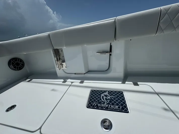  Yacht Photos Pics 2025 Freeman 38 boat interior with sleek design and branded detailing.