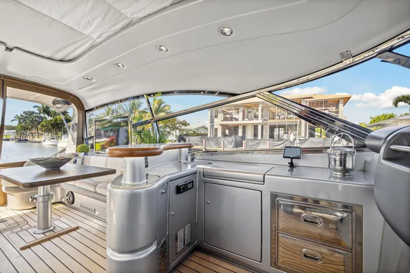 Alchemy Yacht Photos Pics Luxurious interior of 2003 Baia PANTHER 80 yacht with modern amenities and scenic view.