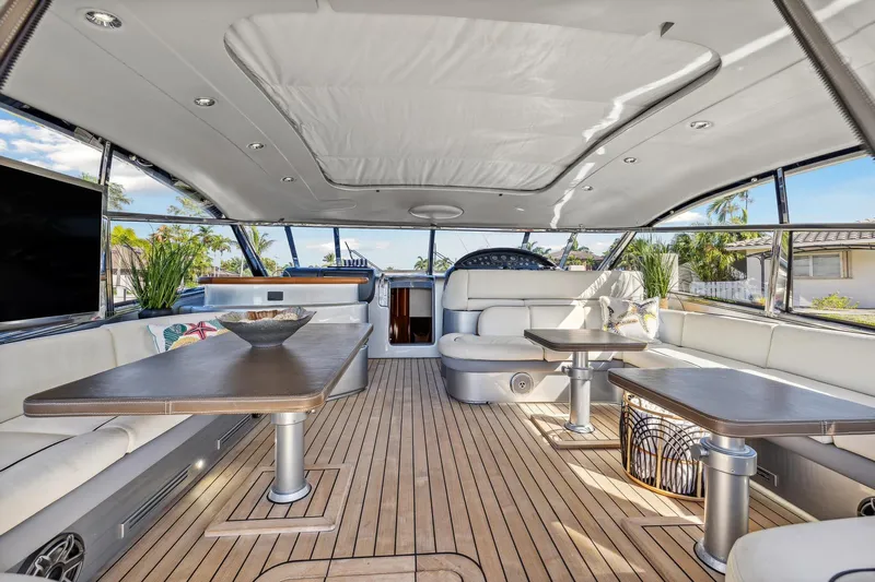 Alchemy Yacht Photos Pics Luxurious 2003 Baia PANTHER 80 yacht interior with elegant seating and wooden flooring.