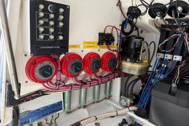  Yacht Photos Pics Electrical panel and wiring inside a 2008 Contender 33 Tournament boat.