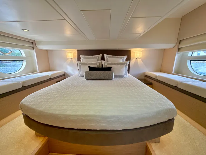  Yacht Photos Pics Luxurious bedroom interior of 2017 Beneteau Monte Carlo 5S yacht with elegant bedding.