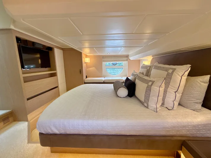  Yacht Photos Pics Luxurious bedroom interior of 2017 Beneteau Monte Carlo 5S yacht with elegant bedding.