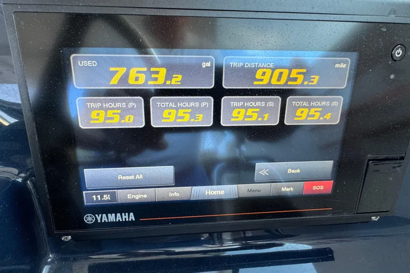  Yacht Photos Pics Yamaha display showing fuel usage and trip data for 2021 Pursuit DC 326 Dual Console.