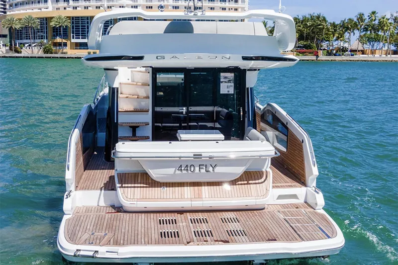  Yacht Photos Pics Manufacturer Provided Image: 2024 Galeon 440 Fly luxury yacht on water, rear view.
