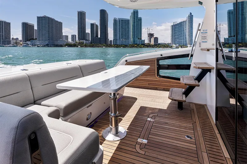  Yacht Photos Pics Manufacturer Provided Image: 2024 Galeon 440 Fly yacht deck with city skyline in the background.