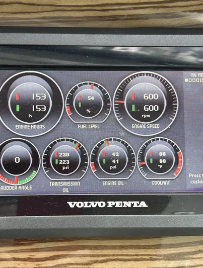  Yacht Photos Pics Volvo Penta dashboard displaying engine metrics on a 2016 Cruisers Yachts 45 Cantius.