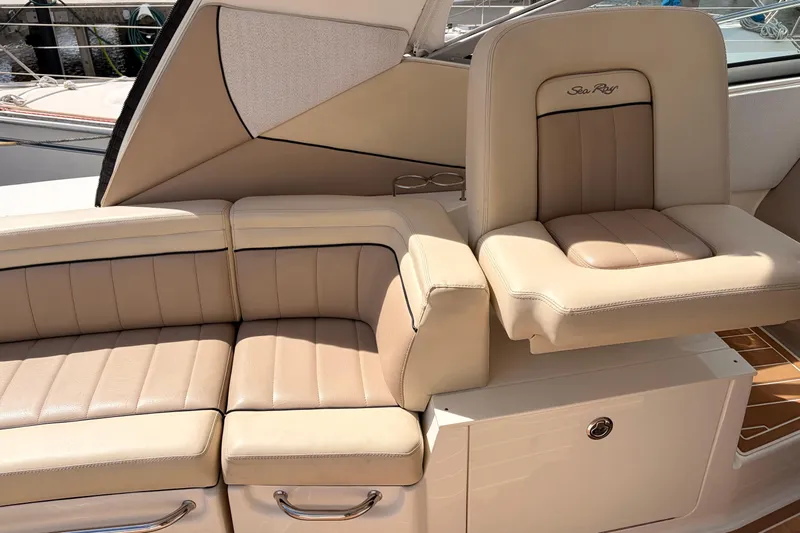  Yacht Photos Pics Luxurious beige seating on a 2008 Sea Ray Sundancer 350 yacht, showcasing comfort and style.