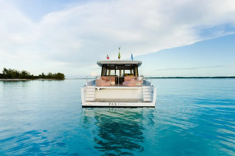  Yacht Photos Pics 2026 Omikron Yachts OT-60 on tranquil blue waters, rear view.
