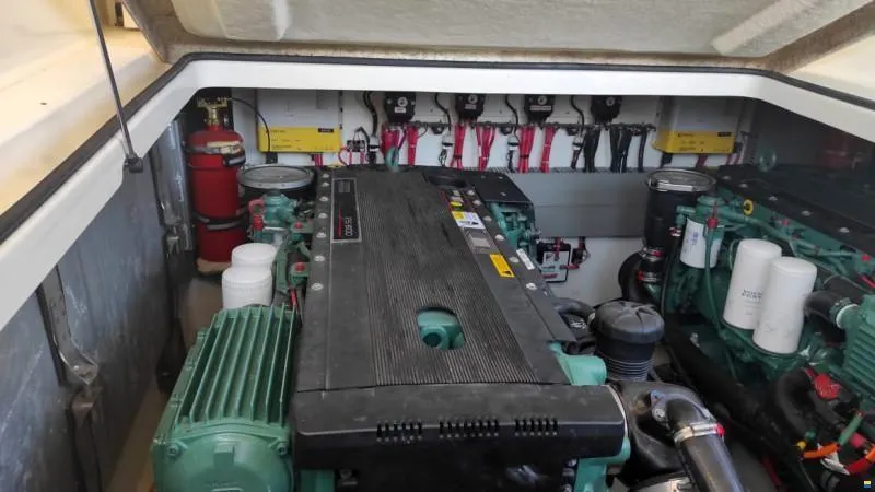  Yacht Photos Pics Engine compartment of a 2012 Prestige 440 S yacht, showcasing dual engines and components.