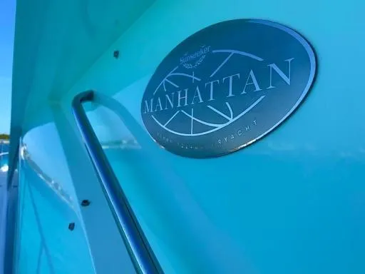 Venko Yacht Photos Pics Close-up of 2006 Sunseeker Manhattan 50 yacht nameplate.