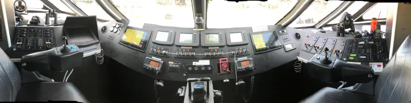 Billie J Yacht Photos Pics Cockpit of 2008 Custom High Speed 70pax COI Passenger vessel with advanced controls and displays.