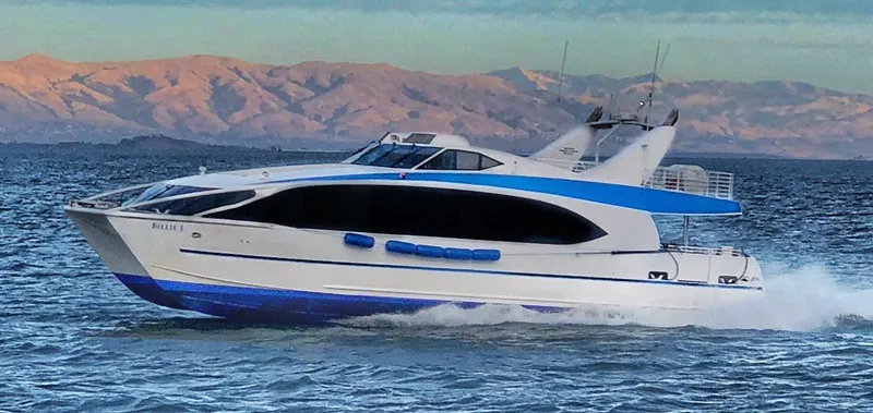 Billie J Yacht Photos Pics High-speed 2008 Custom passenger boat cruising on water with scenic mountain backdrop.