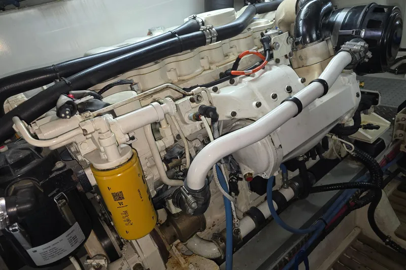 Halcyon Yacht Photos Pics Engine of 2005 Grand Banks 46 Europa yacht, showcasing detailed mechanical components.