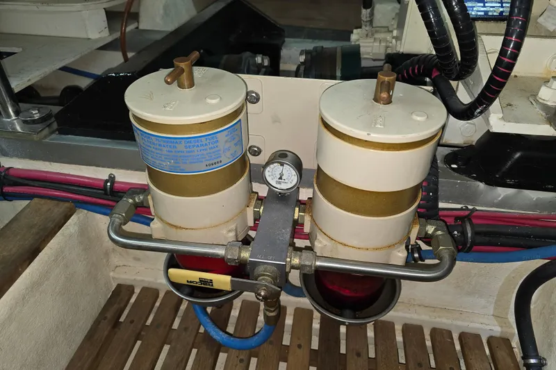 Halcyon Yacht Photos Pics Engine room of 2005 Grand Banks 46 Europa with fuel filter system.