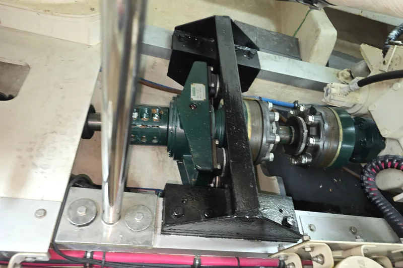 Halcyon Yacht Photos Pics Engine room of 2005 Grand Banks 46 Europa yacht, showcasing mechanical components.