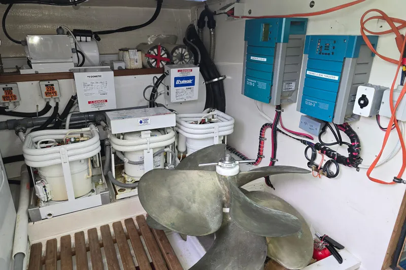 Halcyon Yacht Photos Pics Engine room of 2005 Grand Banks 46 Europa with electrical systems and propeller.