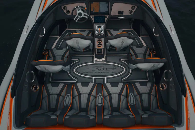  Yacht Photos Pics 2024 MTI 390X boat interior with sleek seating and advanced dashboard design.