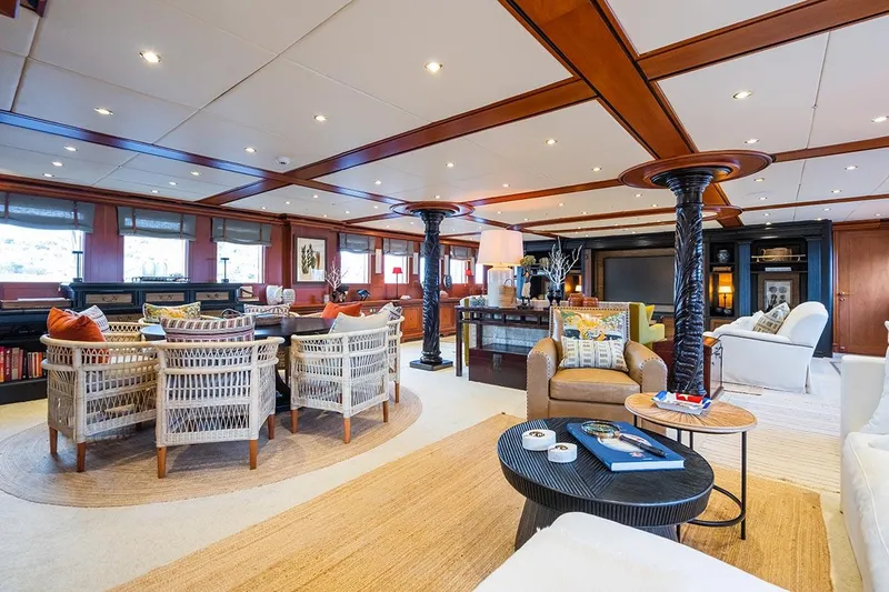 Yazz Yacht Photos Pics Luxurious interior of 2007 Aegean Yacht Schooner with elegant seating and wooden accents.