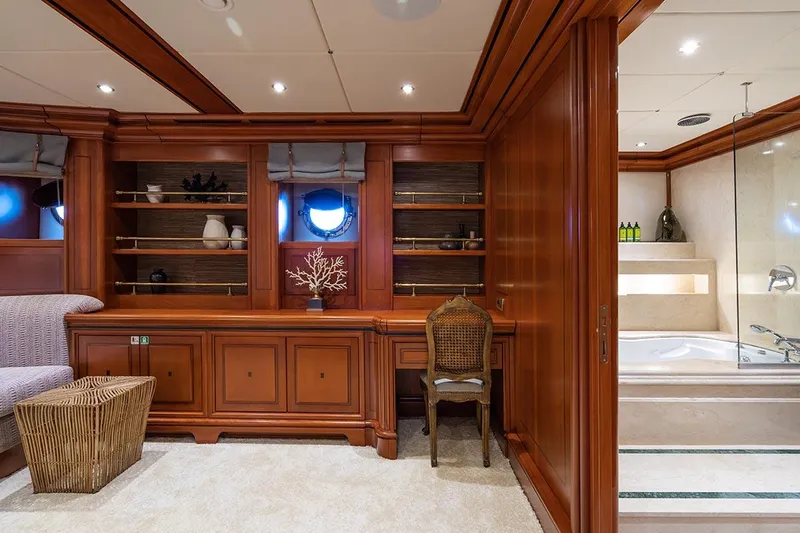 Yazz Yacht Photos Pics Luxurious interior of 2007 Aegean Yacht Schooner with wooden cabinetry and ensuite bathroom.