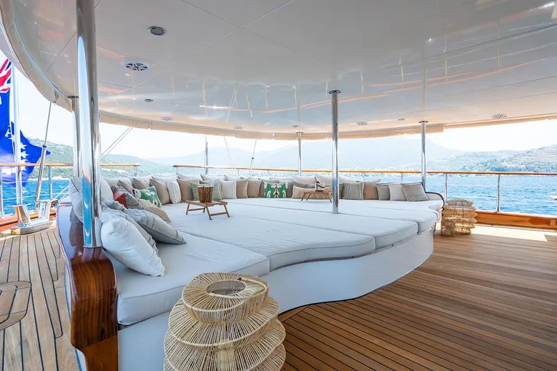 Yazz Yacht Photos Pics Luxurious deck seating on 2007 Aegean Yacht Schooner with ocean view.