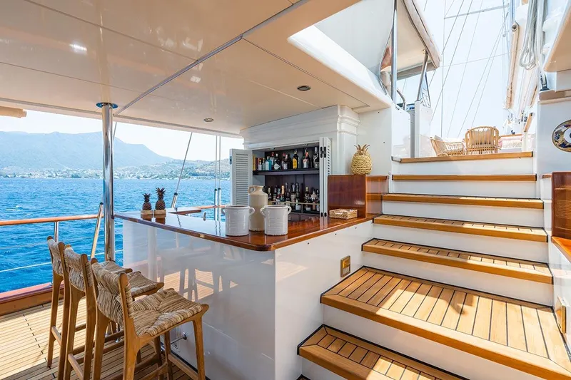 Yazz Yacht Photos Pics Luxurious 2007 Aegean Yacht Schooner with outdoor bar and scenic ocean view.