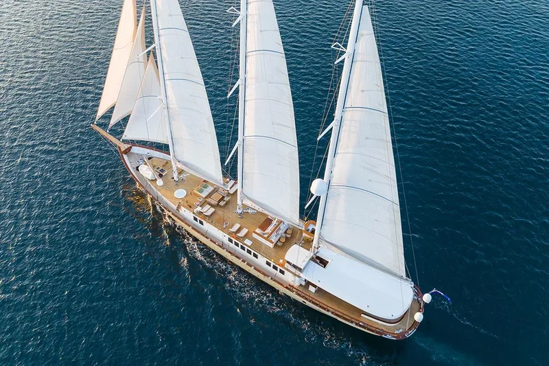 Yazz Yacht Photos Pics Aerial view of 2007 Aegean Yacht Schooner sailing on blue waters.