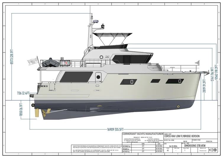  Yacht Photos Pics Cormorant Yachts COR55 RAV PURE NAVIGATOR 2026 side view blueprint with dimensions.