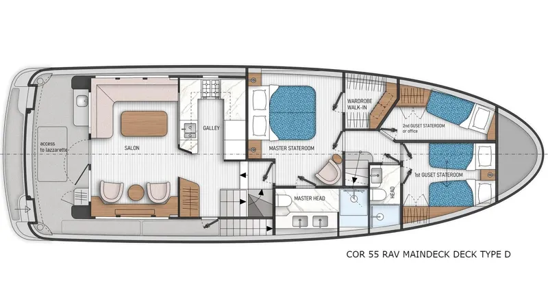  Yacht Photos Pics Deck layout of 2026 Cormorant Yachts COR55 RAV PURE NAVIGATOR, featuring cabins and salon.