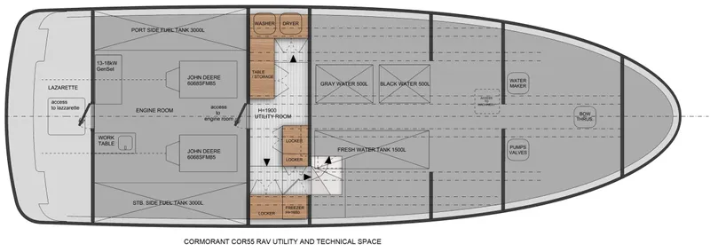  Yacht Photos Pics Floor plan of 2026 Cormorant Yachts COR55 RAV PURE NAVIGATOR, showcasing utility and technical spaces.