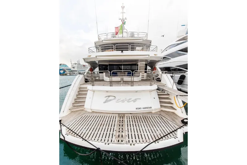  Yacht Photos Pics Sunseeker 40 Metre Yacht 2014, docked at harbor, rear view with elegant design.