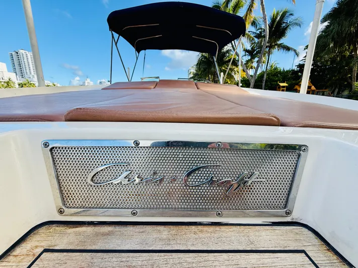  Yacht Photos Pics 2015 Chris-Craft Launch 32 boat with logo, brown seating, and canopy, surrounded by palm trees.