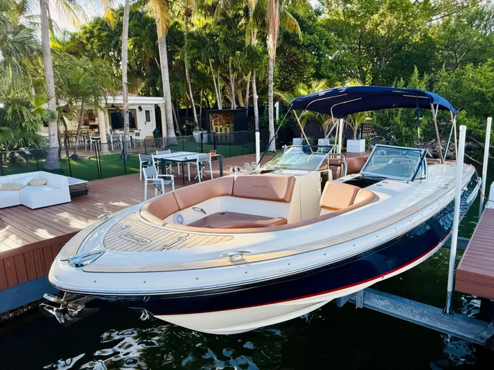  Yacht Photos Pics 2015 Chris-Craft Launch 32 boat docked by a luxurious waterfront deck.