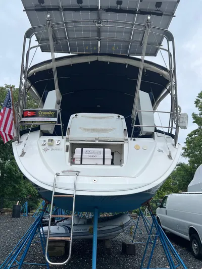 Kindred Spirit Yacht Photos Pics 2008 Jeanneau Sun Odyssey 45 DS sailboat on stands, rear view with solar panels.