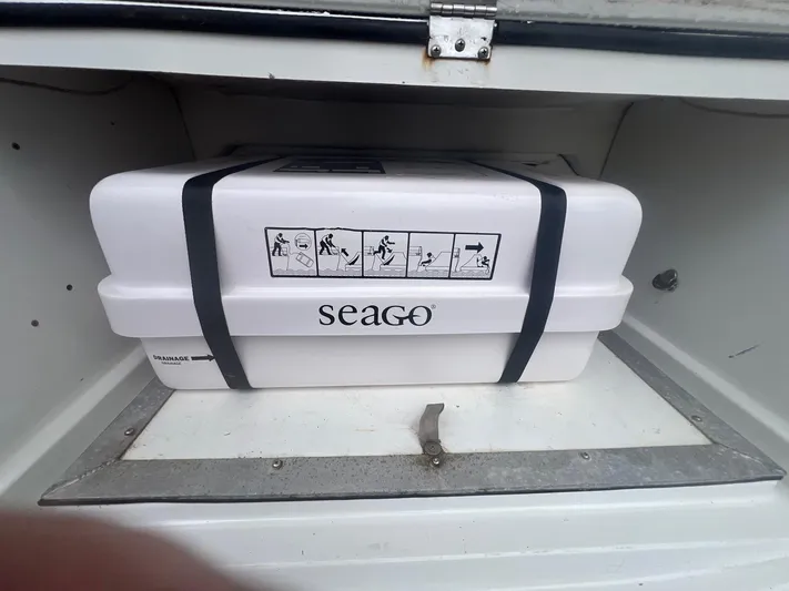 Kindred Spirit Yacht Photos Pics Seago liferaft in storage on 2008 Jeanneau Sun Odyssey 45 DS yacht.