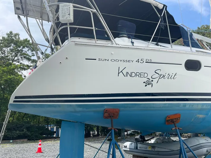 Kindred Spirit Yacht Photos Pics 2008 Jeanneau Sun Odyssey 45 DS sailboat "Kindred Spirit" on stands, with blue hull and white deck.