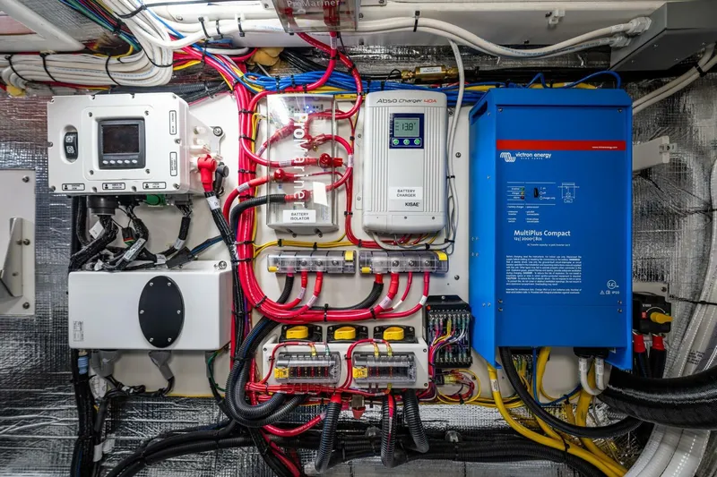 New Boat Hull #12 Yacht Photos Pics Electrical system of a 2024 Nordic Tug 40, featuring advanced wiring and control panels.