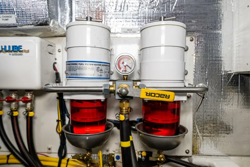 New Boat Hull #12 Yacht Photos Pics Nordic Tug 40 engine room with dual fuel filters, 2024 model.