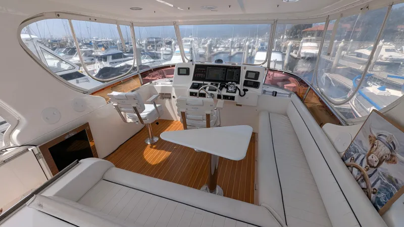 Odeesea Yacht Photos Pics Luxurious 2004 Johnson Motor Yacht interior with white seating and modern helm.