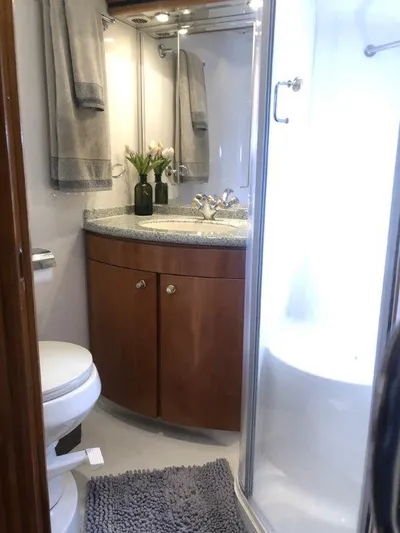  Yacht Photos Pics Luxurious bathroom in 2002 Carver 450 Voyager Pilothouse yacht with modern amenities.